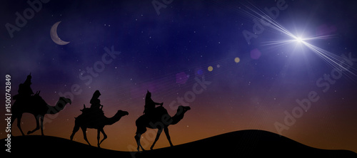 Wallpaper Mural Nativity scene with the Magi in the desert, the star and the birth of Jesus Christ at night. Christian Christmas and the gifts of the Magi concept. Torontodigital.ca