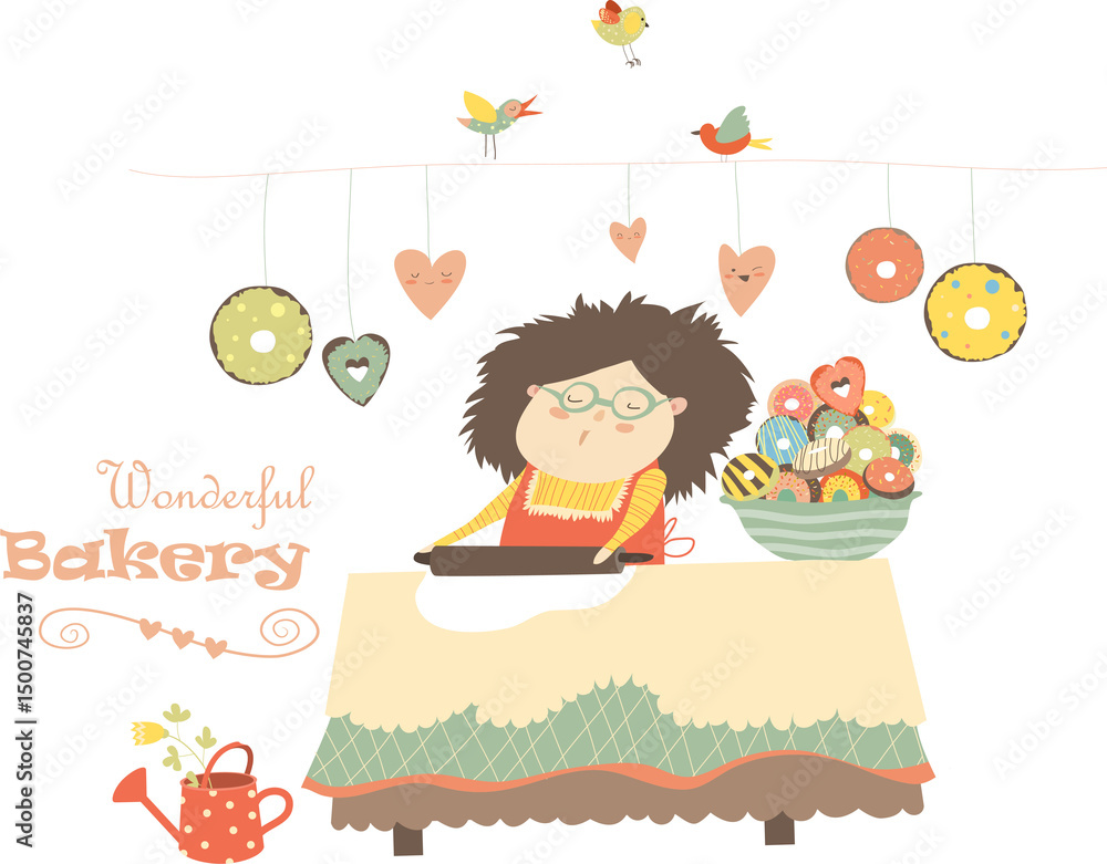 Fototapeta premium Happy mother baking donuts. Vector isolated illustration