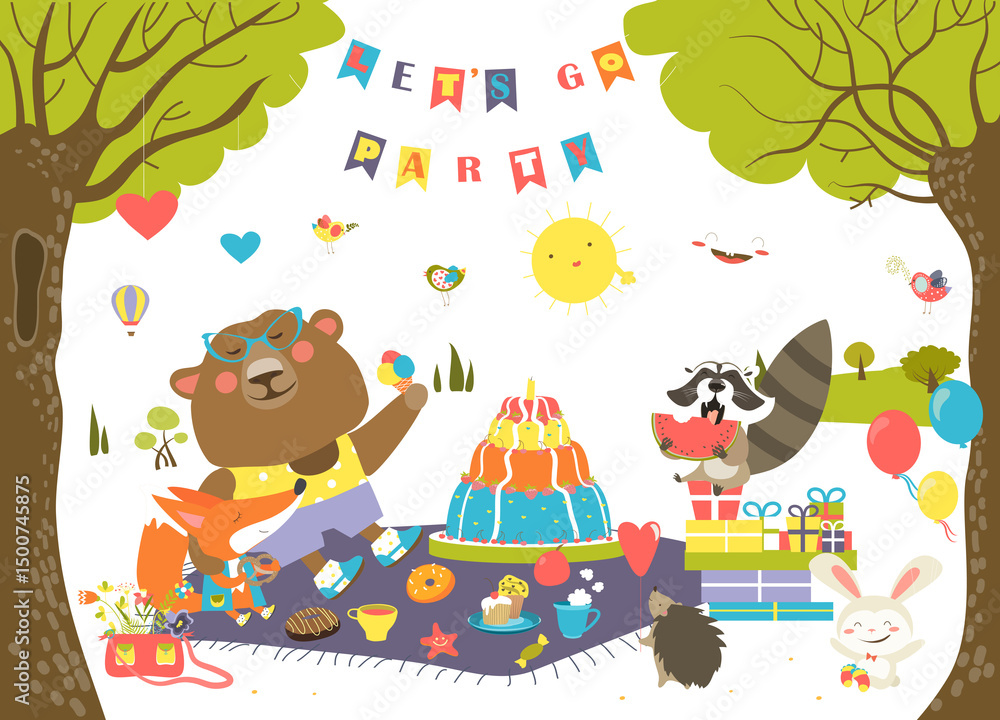Obraz premium Cartoon animals celebrating Birthday in the forest. Vector illustration