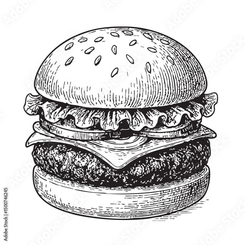 Juicy Hamburger Doodle Illustration – Hand-Drawn Black and White Line Art on Transparent Background