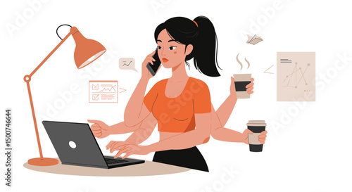 Multitasking woman working on laptop