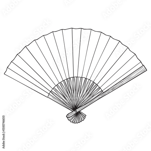 Japanese Hand Fan Doodle Illustration – Hand-Drawn Black and White Line Art on Transparent Background