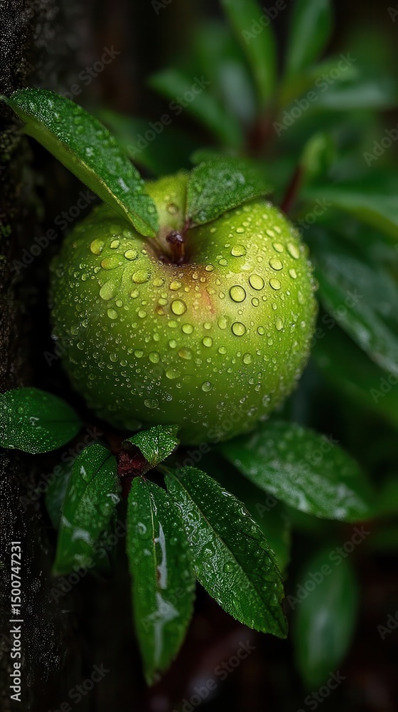 Close-up of a green covered in water droplets, attached to a branch with lush leaves. Close-up of a green covered in water droplets, attached to a branch with lush leaves.