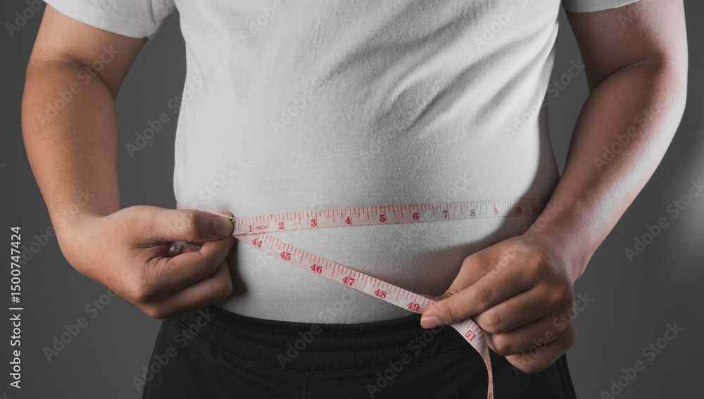 Αυτοκόλλητο Overweight or obese man with abdominal fat using a tape measure to check his wai