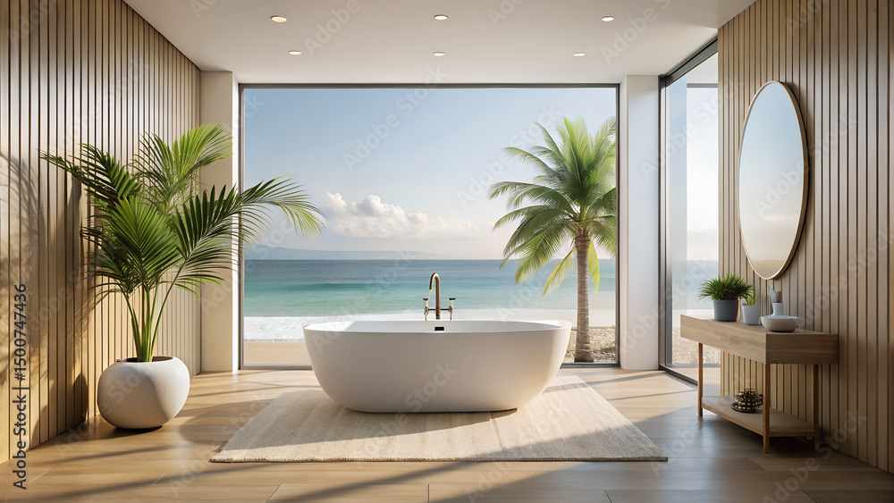 Fototapeta premium Modern Bathroom Interior with Sea View. 