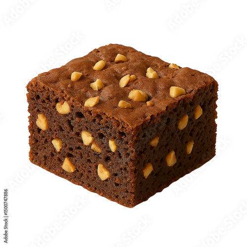 Delicious fresh baked brown chocolate cake slice with nuts on a white background