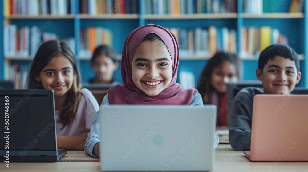 Group of diverse elementary school students smiling and engaging with laptops in the school library, actively learning about computer science, technology, and digital skills Group of diverse elementary school students smiling and engaging with laptops in the school library, actively learning about computer science, technology, and digital skills