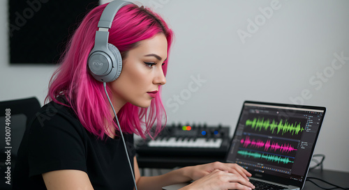 Music Producer at Work: Young Woman with Pink Hair Using Laptop and Headphones in Home Studio. 