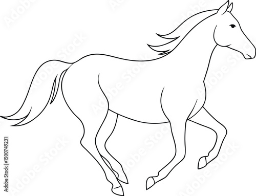 Black and white horse gallops gracefully with flowing mane and tail outline