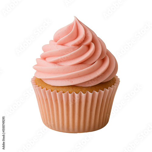 Delicious pink birthday cupcake with sweet cream frosting and sprinkles isolated on white