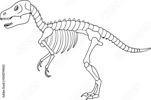 Cartoon Allosaurus skeleton shows its bones and long tail clearly in black outline