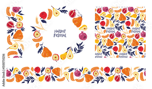 Harvest Festival. Frame, border and seamless patterns With fruits and vegetables for advertising and packaging. Vector Summer or Autumn Repeated background for farm productions, sales, fairs
