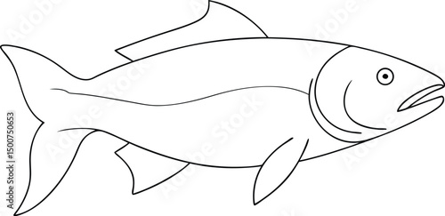 Detailed monochrome outline of a fish swimming, featuring distinct fins and gills