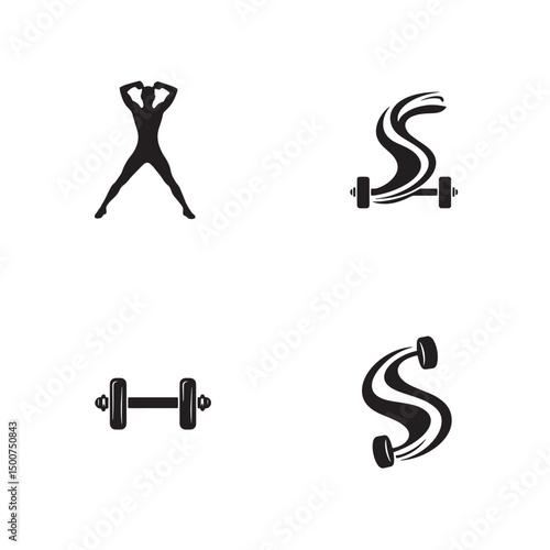 Collection of fitness and exercise silhouettes including dumbbells and a human workout form