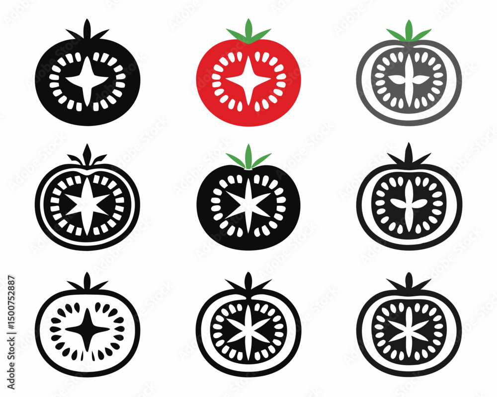 Tomato Illustration Grid SVG – 3x3 Artistic Renderings of Whole and Sliced Tomatoes in Black, White, and Red Tomato Illustration Grid SVG – 3x3 Artistic Renderings of Whole and Sliced Tomatoes in Black, White, and Red