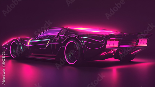 Cyberpunk Futuristic Retro Wave Synthase Car with Neon Backlight Contours in Vibrant Night Cityscape Illustration, Made by Generative AI