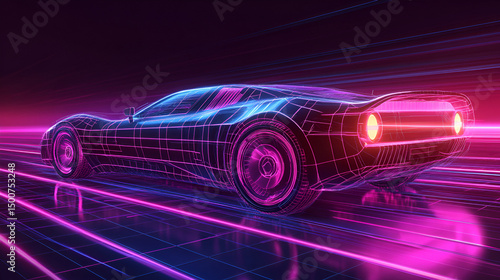 Cyberpunk Futuristic Retro Wave Synthase Car with Neon Backlight Contours in Vibrant Night Cityscape Illustration, Made by Generative AI