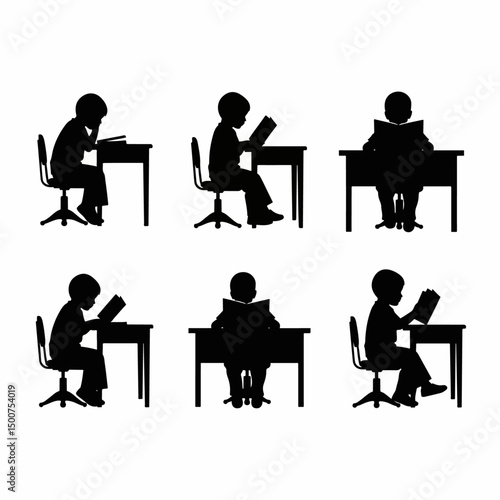Silhouette study learning kids at desk