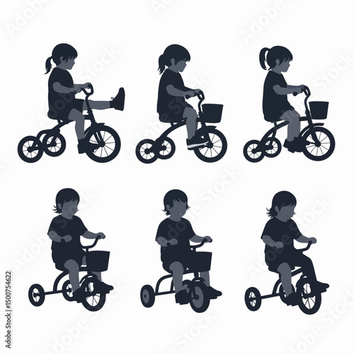 Children riding tricycles, silhouette vector graphic set