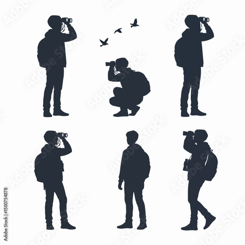 Birdwatcher silhouettes with binoculars, bird watching