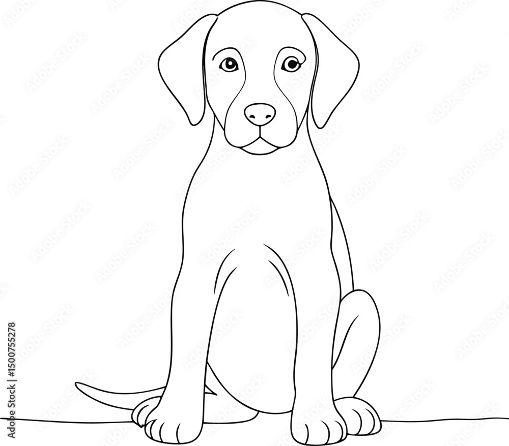 Fototapeta premium Outlined dog illustration shows a light colored, short haired puppy sitting in a simple pose