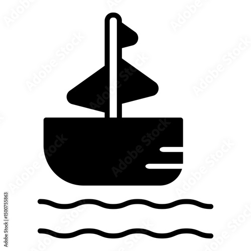  Compact form of a sailboat on undulating water, with its mast and sail presented as a unified, filled shape, representing maritime activities.