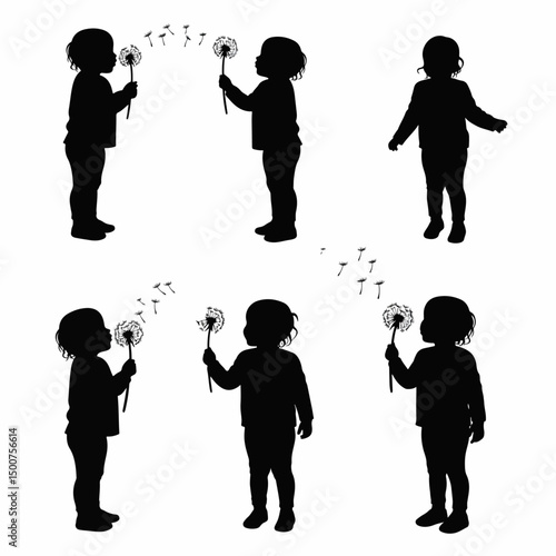 Toddler silhouettes blowing dandelions wishes childhood innocence