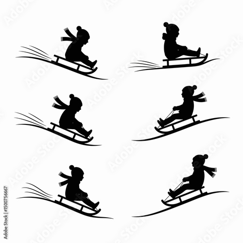 Sledding silhouettes, kids sledding, winter fun
