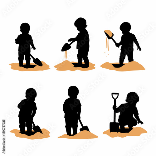 Kids playing with sand and shovel silhouettes