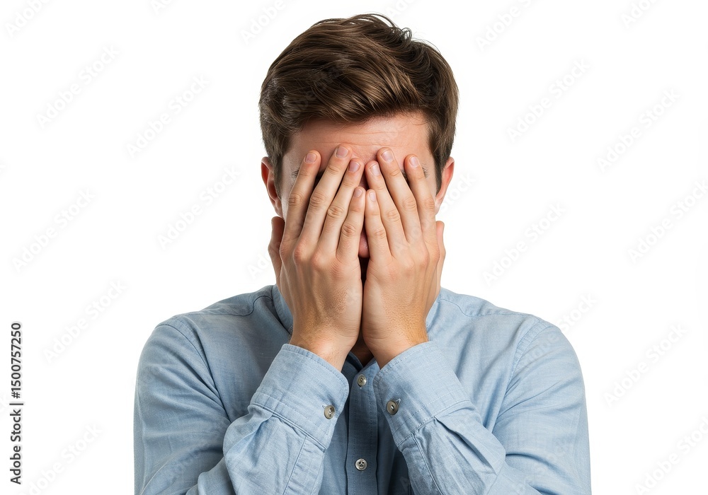 Photo of a Man with Hands Covering Eyes Demonstrating Emotional Distress in Blue Shirt Photo of a Man with Hands Covering Eyes Demonstrating Emotional Distress in Blue Shirt