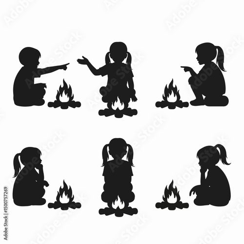 Children silhouettes sitting campfire telling stories