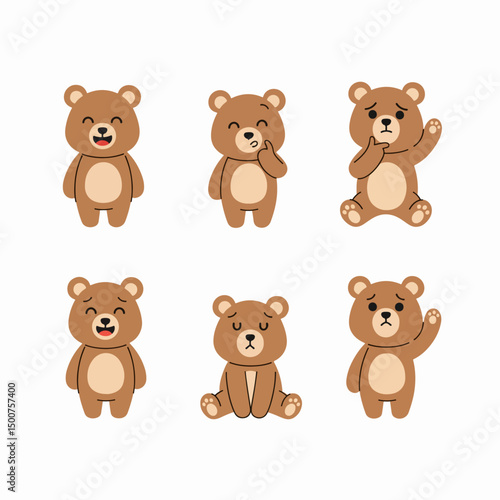 Cartoon brown teddy bear poses with different emotion
