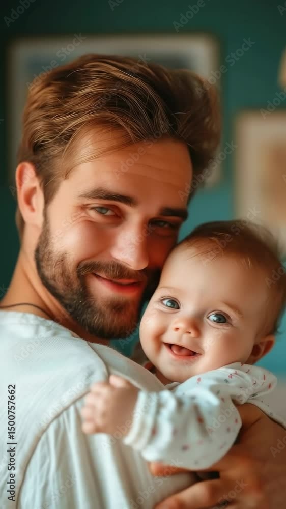 happy father holding a newborn baby in his arms, handsome smiling man, parent, family, infant, kid, child, son, daughter, love, hugs, room, tenderness, father's day