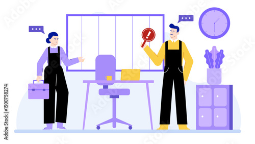 Two people in office, one holding exclamation sign. Suitable for business presentations, corporate blogs, officer elated designs, announcing special offers.