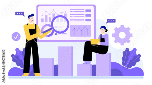 Two people reviewing data on a whiteboard, collaborating on a project or brainstorming ideas in a modern office setting. Market research and competitor analysis concept