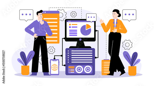 Man and woman working with a computer server and smartphone, suitable for technology and teamwork concepts in business presentations.