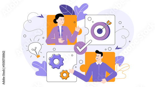 Two individuals with visionary ideas using gears to align towards a common goal. Suitable for business and teamwork concepts.