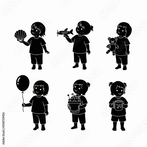 Kids playing with toys silhouette set