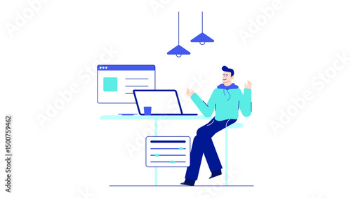 Man working at desk with laptop, computer screen, and coffee. Digital nomad working remotely illustration.