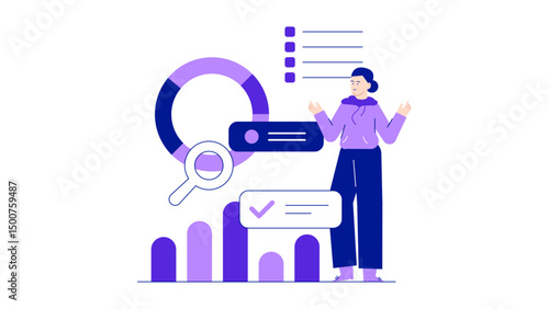 Person analyzes data with a pie chart, checkmark, and magnifying glass. Market research and competitor analysis concept