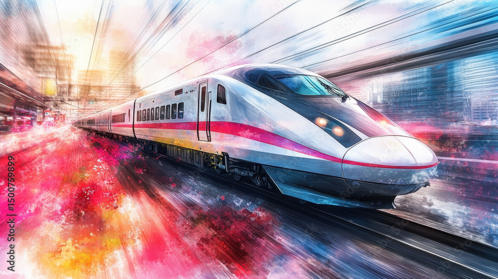 Fototapeta premium High Speed Train in Motion Blur Through Urban Cityscape
