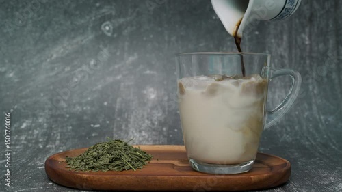 Iced Hojicha Latte, brewed at home, Japanese tea, dry roasted green tea leaves