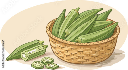 Ladies Finger Okra in Wicker Basket Natural Background Illustration