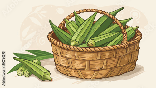 Ladies Finger Okra in Wicker Basket Natural Background