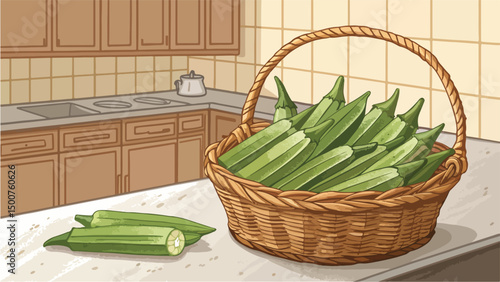 Ladies Finger Okra in Basket Kitchen Setting Fresh Produce Vector Design