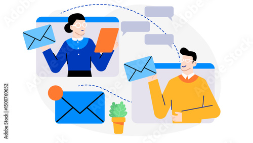 Two people exchanging emails and messages, perfect for illustrating communication, online chatting, digital correspondence, teamwork, and remote collaboration concepts.