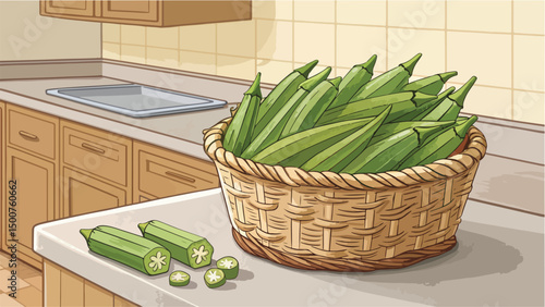 Ladies Finger Okra in Basket Kitchen Still Life Design