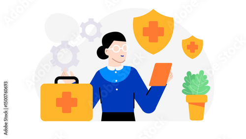 Woman with a first aid kit ready to assist in emergency situations, ideal for medical, healthcare, and safety concepts. Workplace safety and office health standards