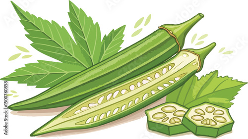 Ladies Finger Vegetable in Natural Background Vibrant Vector Illustration