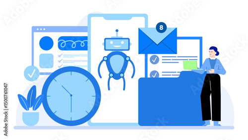 Blue robot assisting a woman with laptop. Ideal for technology, artificial intelligence, teamwork, innovation, future workplace concepts in designs.